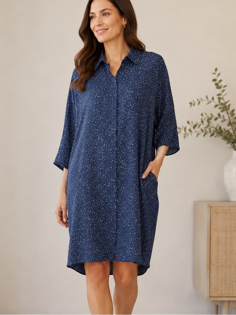 COS Shirt Dress Oversized Boxy Lagenlook Size XS Casual Blue Dots Basic Designer